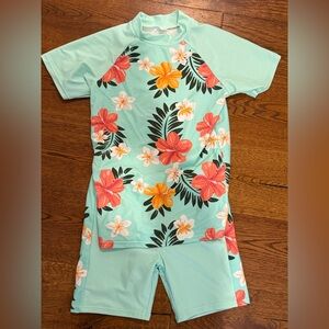 Youth Large Floral Rash Guard Swim Set - Mint with Flowers